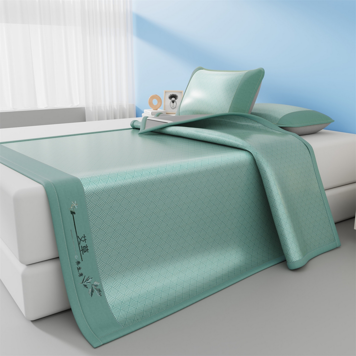 91家纺网 家纺一手货源 找家纺 欧妮家纺 2026新款艾草凉感饼干花冰丝凉席席子凉席 饼干花冰丝席-绿色