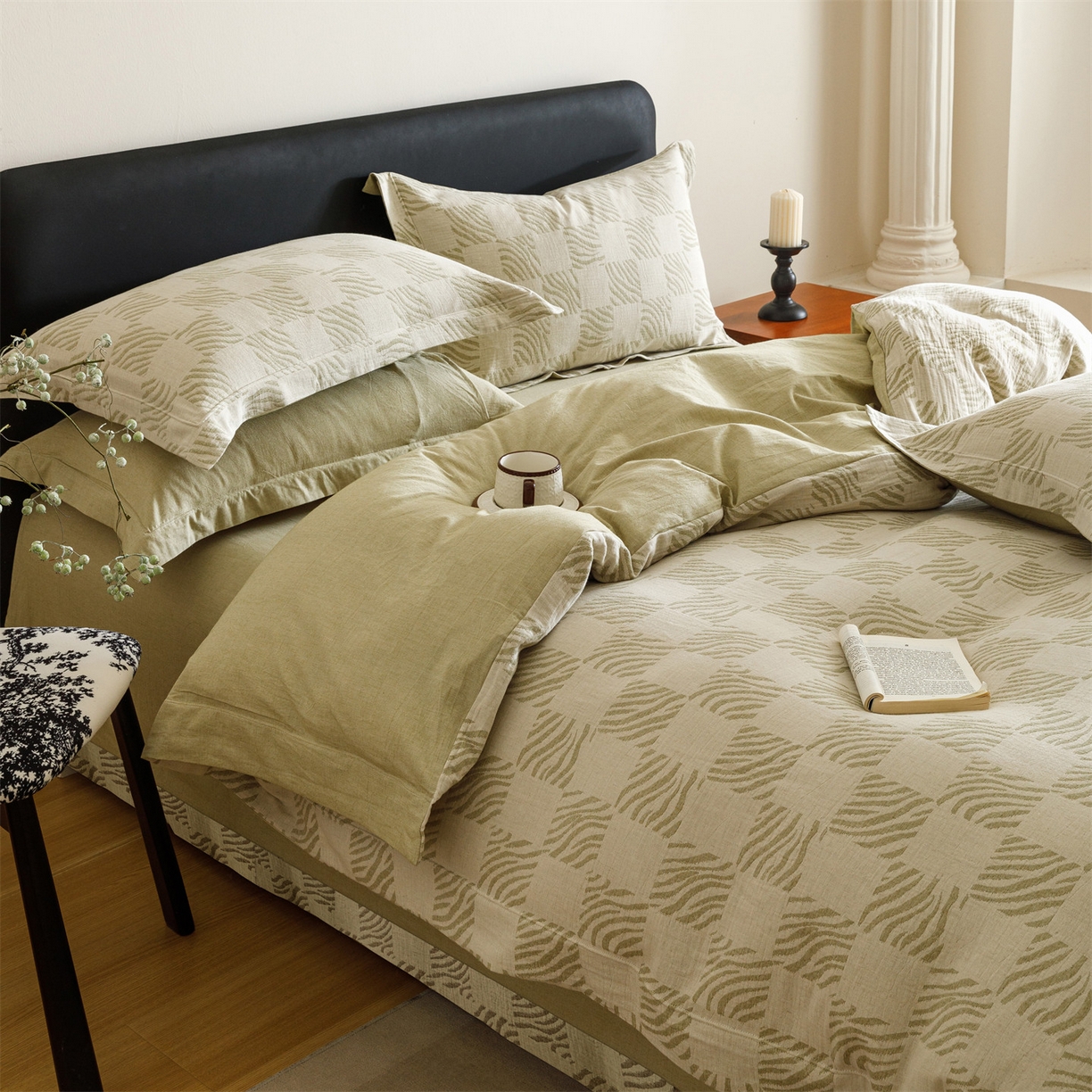 91家纺网 家纺一手货源 找家纺 瑞米家居 2026新款埋绳款棉麻四件套-简物纯质 简物纯质-芥末绿