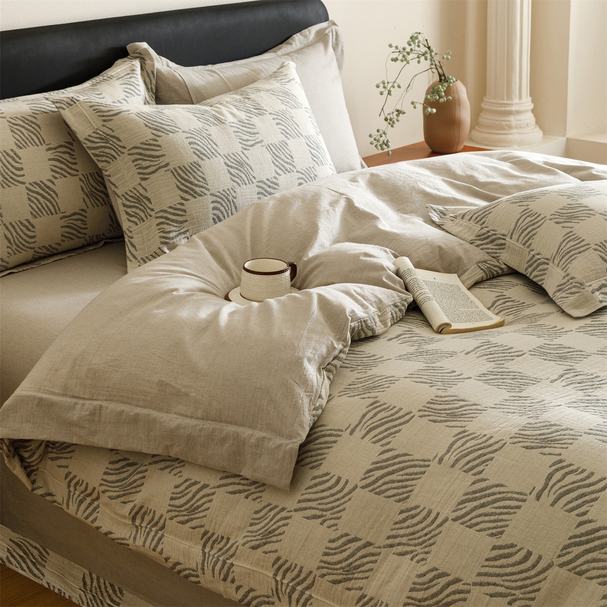 瑞米家居 2026新款埋绳款棉麻四件套-简物纯质 简物纯质-黑