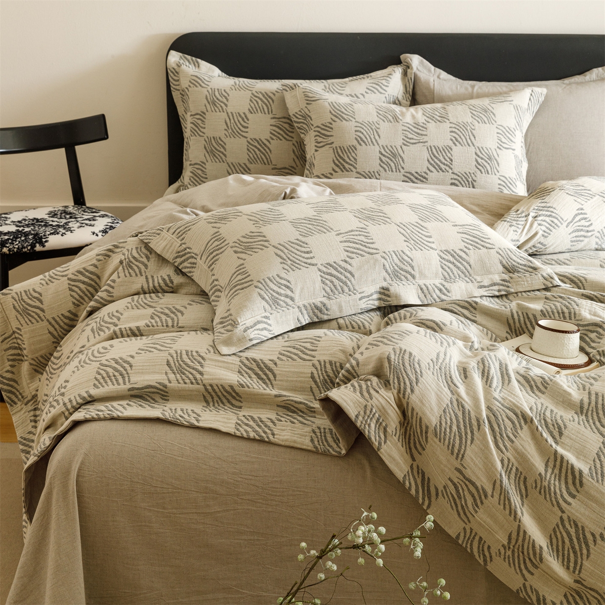 91家纺网 家纺一手货源 找家纺 瑞米家居 2026新款埋绳款棉麻四件套-简物纯质 简物纯质-黑