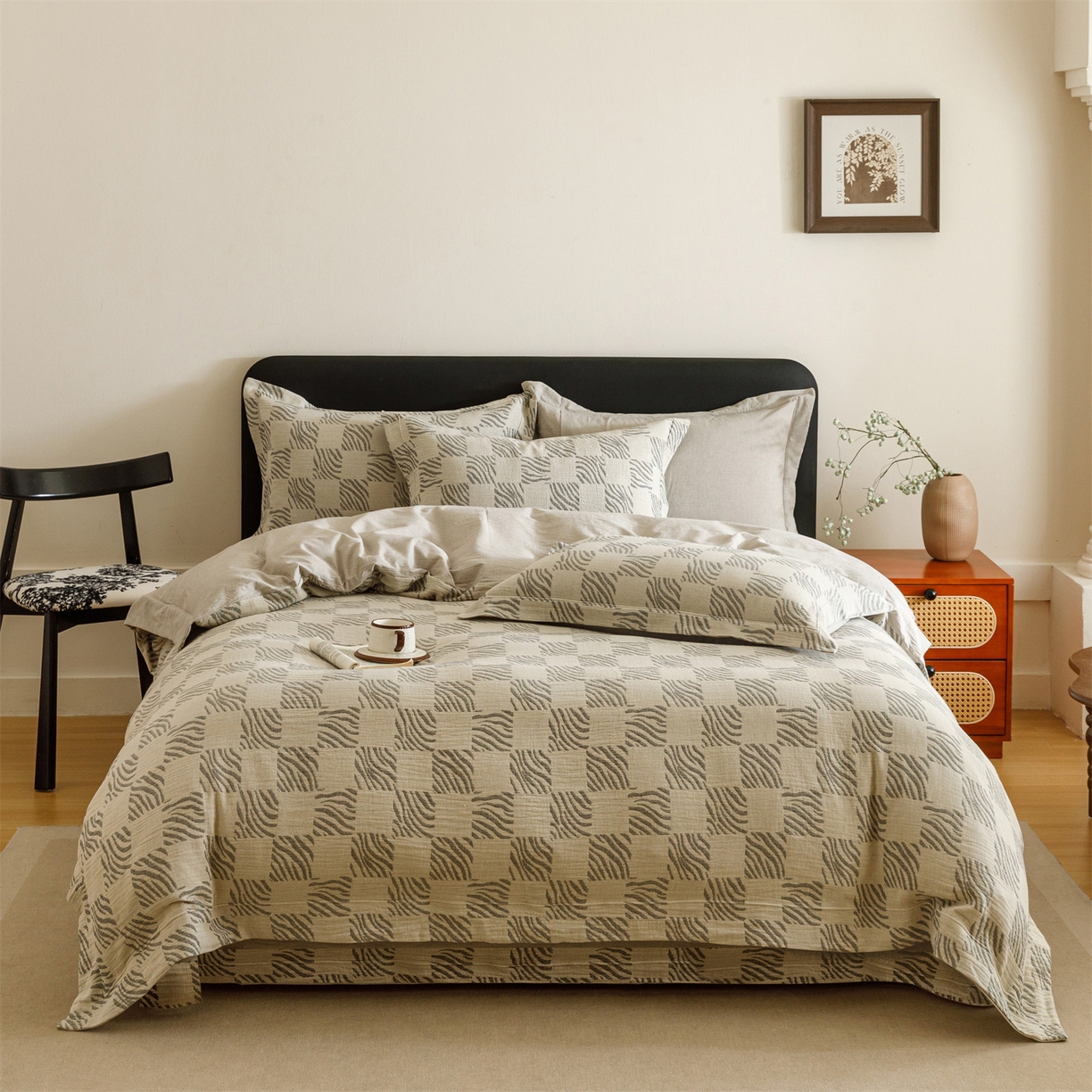 91家纺网 家纺一手货源 找家纺 瑞米家居 2026新款埋绳款棉麻四件套-简物纯质 简物纯质-黑