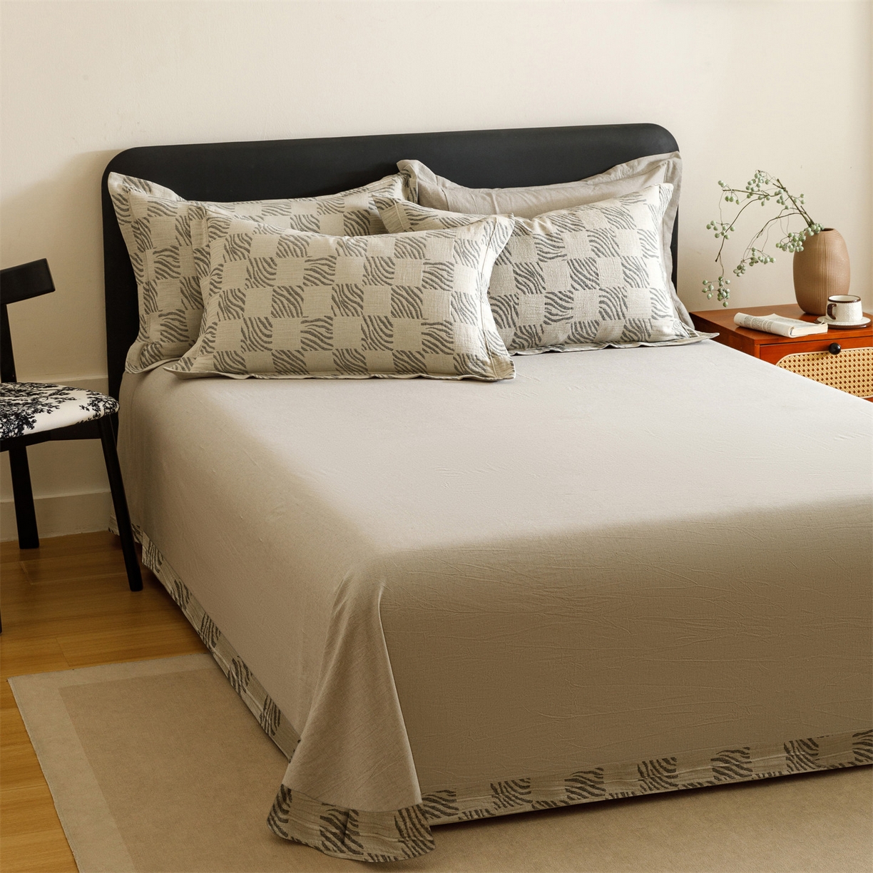 91家纺网 家纺一手货源 找家纺 瑞米家居 2026新款埋绳款棉麻四件套-简物纯质 简物纯质-黑