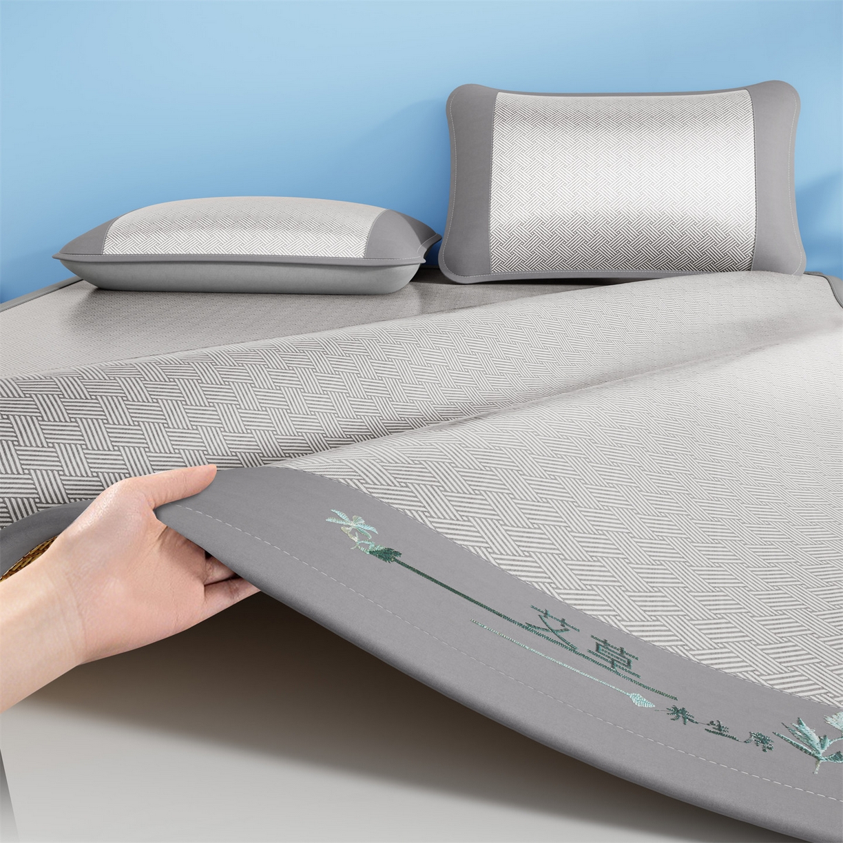 91家纺网 家纺一手货源 找家纺 欧妮家纺 2026新款艾草凉感饼干花冰丝凉席席子凉席 饼干花冰丝席-灰色