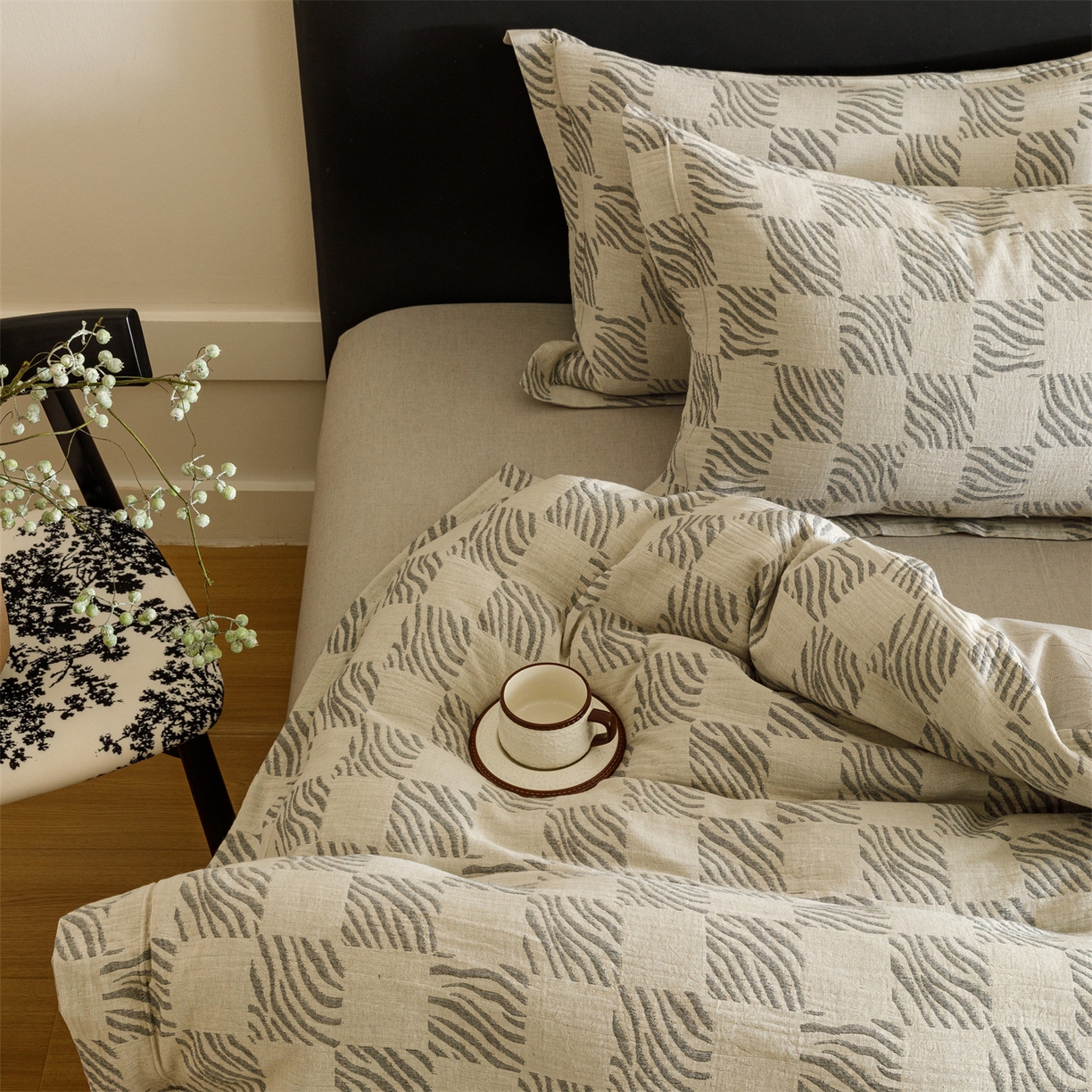 91家纺网 家纺一手货源 找家纺 瑞米家居 2026新款埋绳款棉麻四件套-简物纯质 简物纯质-黑