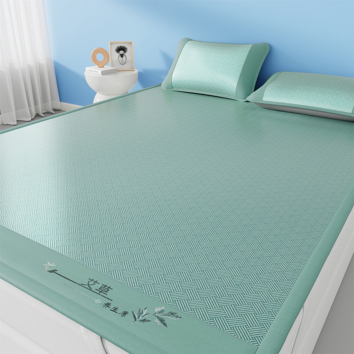 91家纺网 家纺一手货源 找家纺 欧妮家纺 2026新款艾草凉感饼干花冰丝凉席席子凉席 饼干花冰丝席-绿色