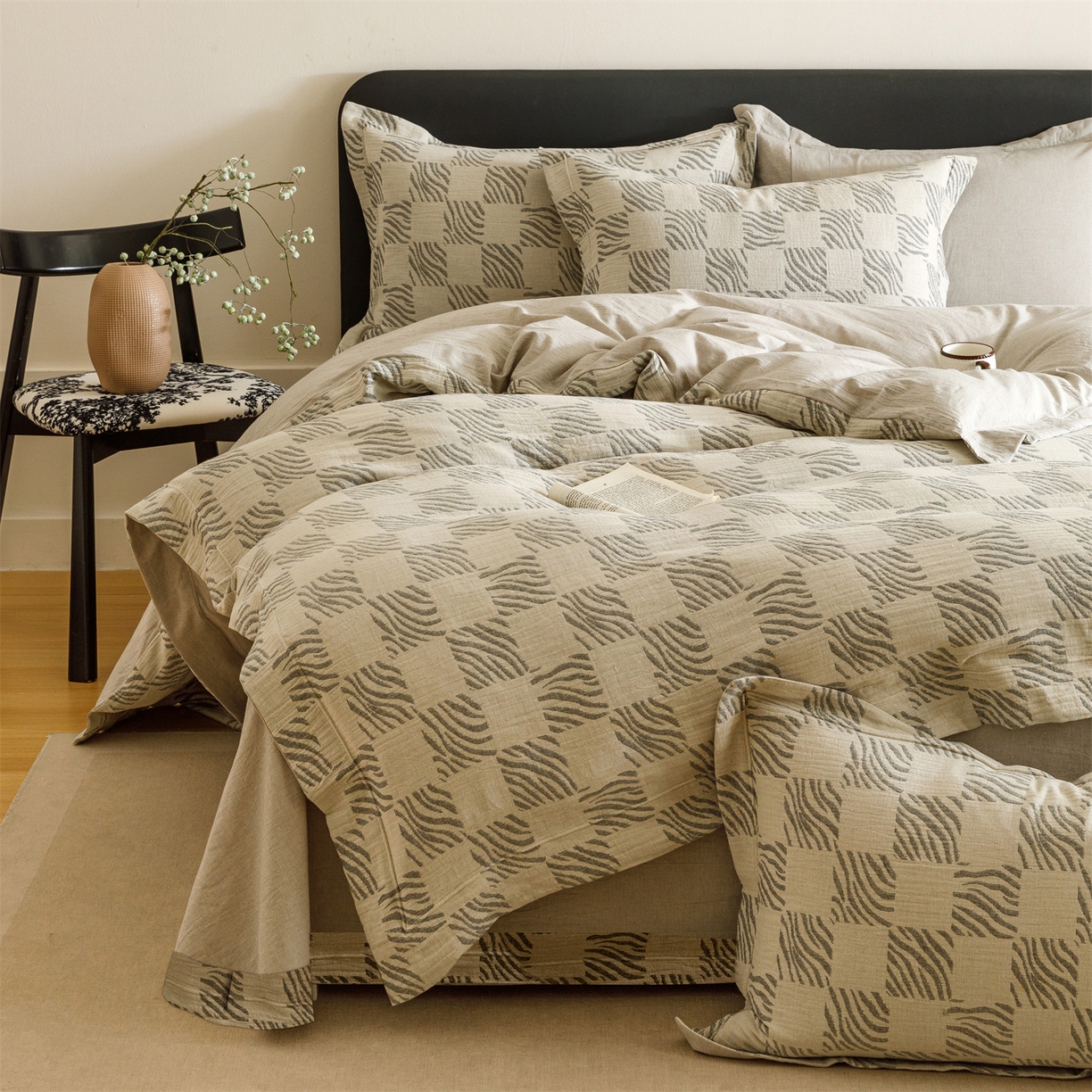 91家纺网 家纺一手货源 找家纺 瑞米家居 2026新款埋绳款棉麻四件套-简物纯质 简物纯质-黑