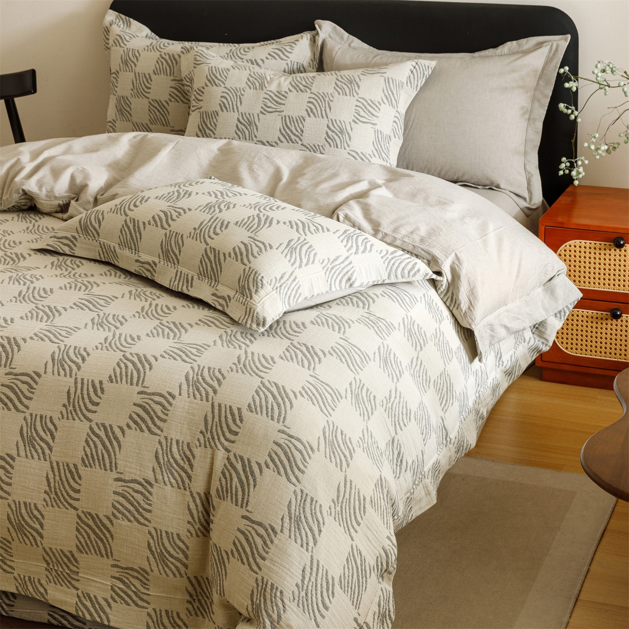 91家纺网 家纺一手货源 找家纺 瑞米家居 2026新款埋绳款棉麻四件套-简物纯质 简物纯质-黑