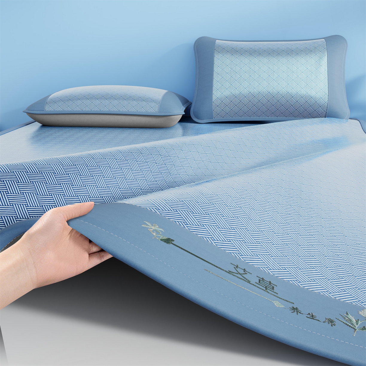 91家纺网 家纺一手货源 找家纺 欧妮家纺 2026新款艾草凉感饼干花冰丝凉席席子凉席 饼干花冰丝席-蓝色