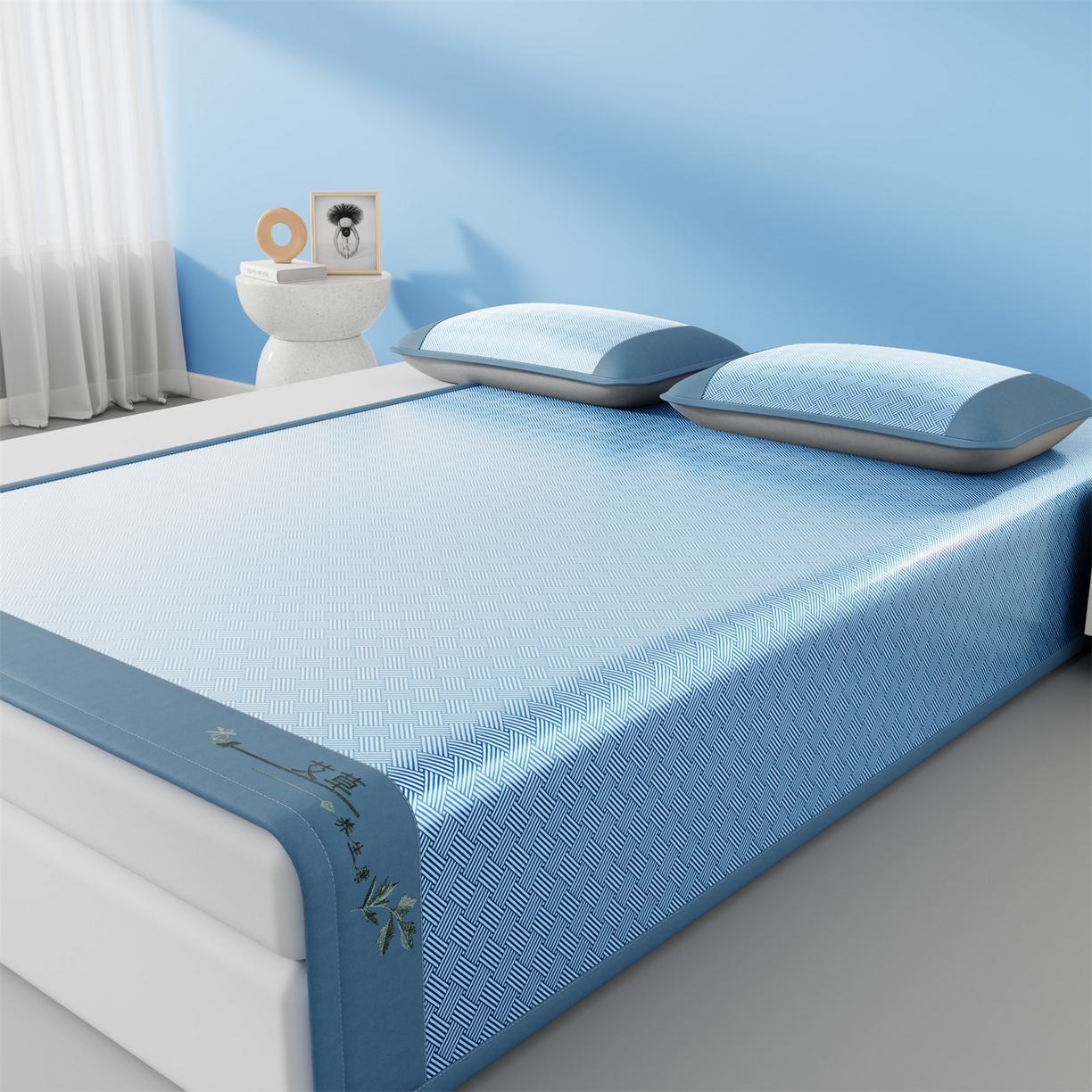 91家纺网 家纺一手货源 找家纺 欧妮家纺 2026新款艾草凉感饼干花冰丝凉席席子凉席 饼干花冰丝席-蓝色