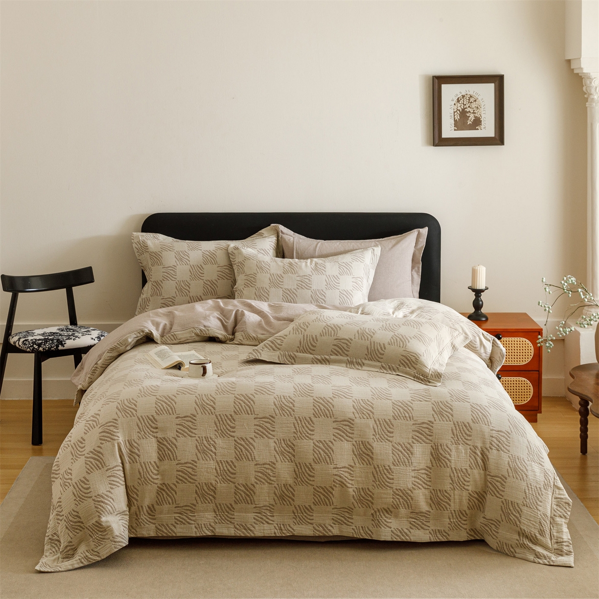 91家纺网 家纺一手货源 找家纺 瑞米家居 2026新款埋绳款棉麻四件套-简物纯质 简物纯质-红咖