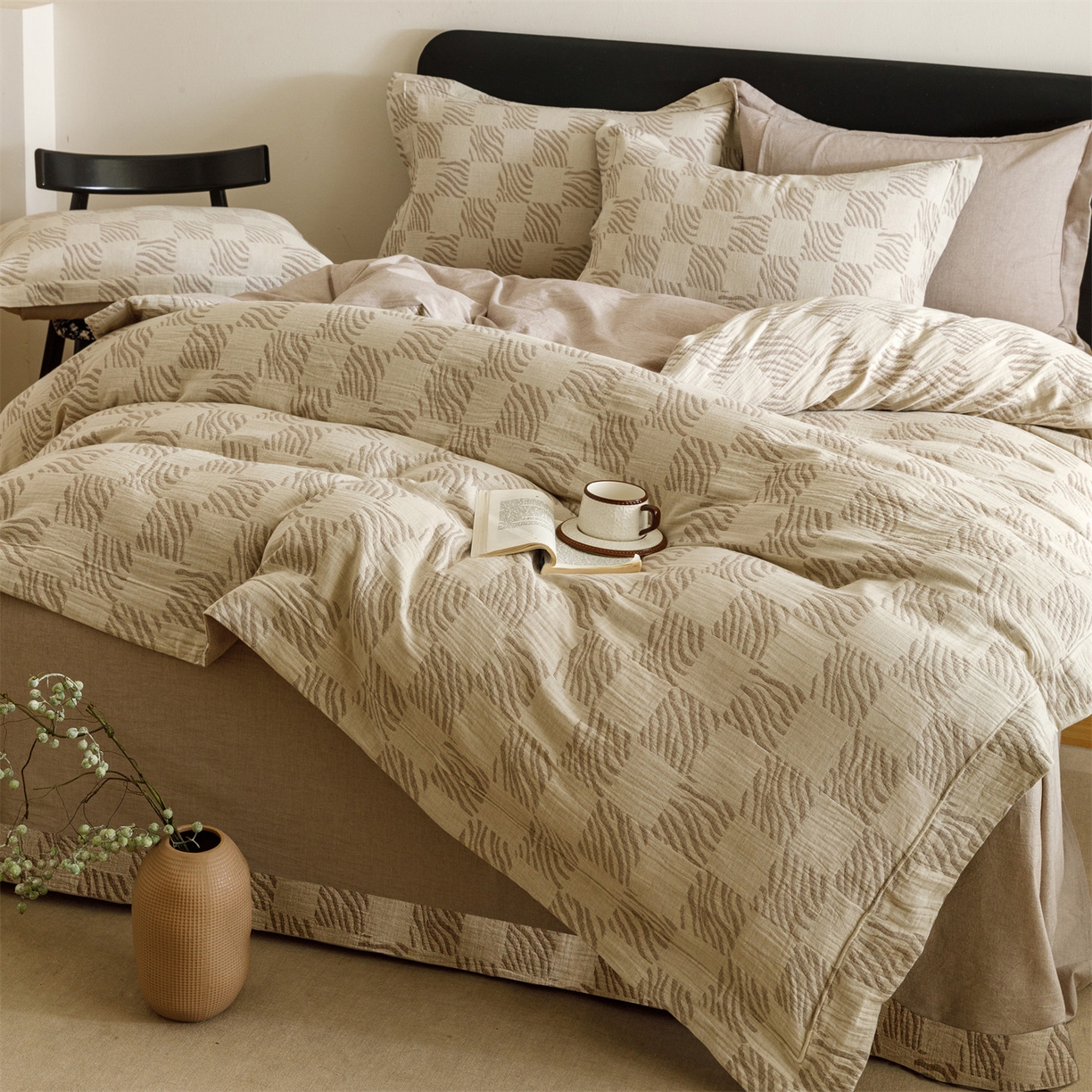 91家纺网 家纺一手货源 找家纺 瑞米家居 2026新款埋绳款棉麻四件套-简物纯质 简物纯质-红咖