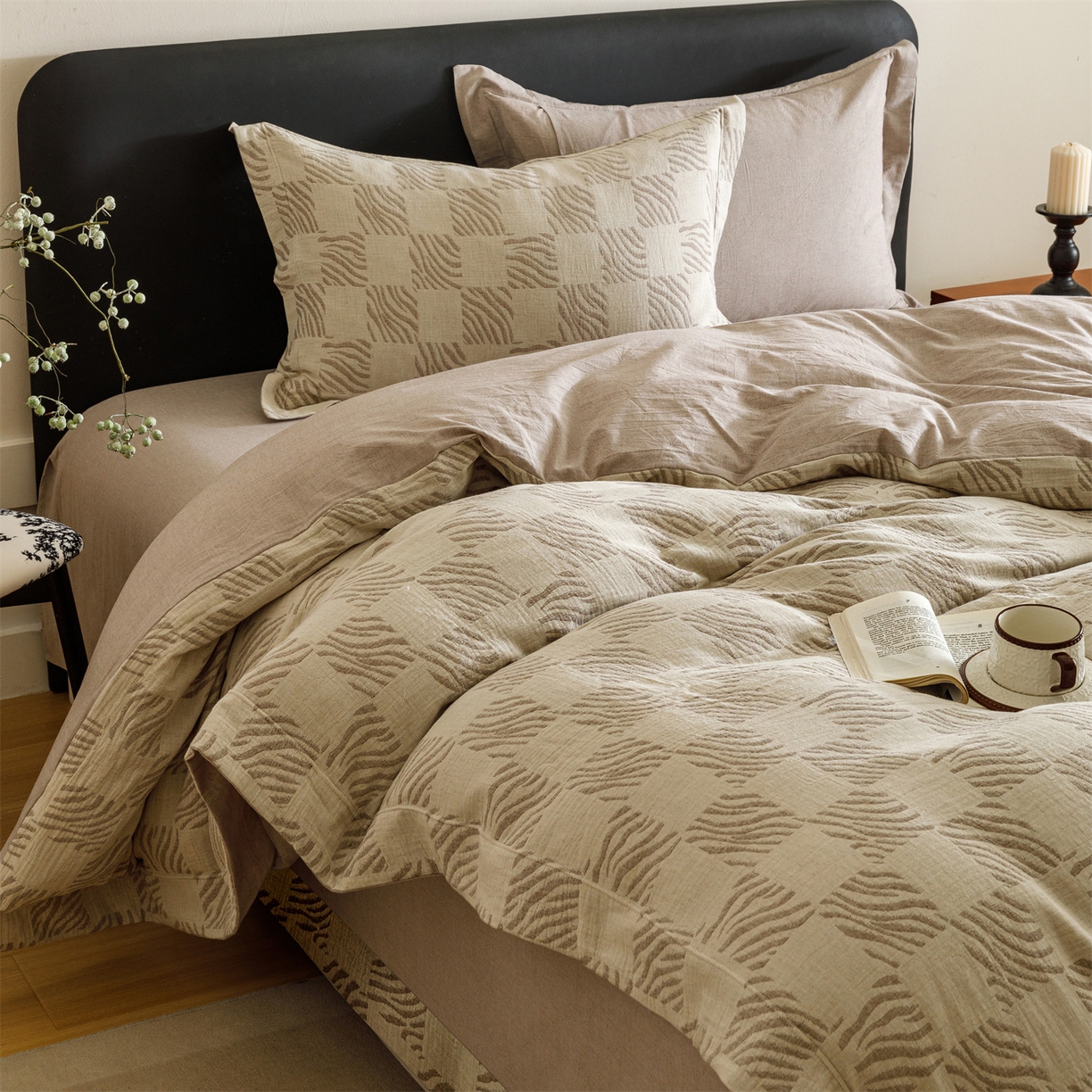 91家纺网 家纺一手货源 找家纺 瑞米家居 2026新款埋绳款棉麻四件套-简物纯质 简物纯质-红咖