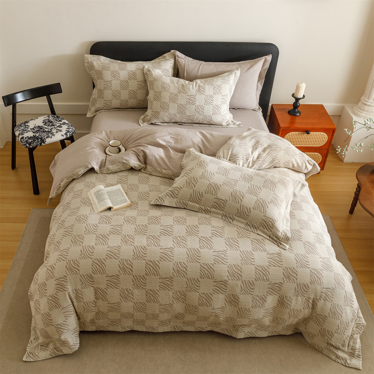 91家纺网 家纺一手货源 找家纺 瑞米家居 2026新款埋绳款棉麻四件套-简物纯质 简物纯质-红咖