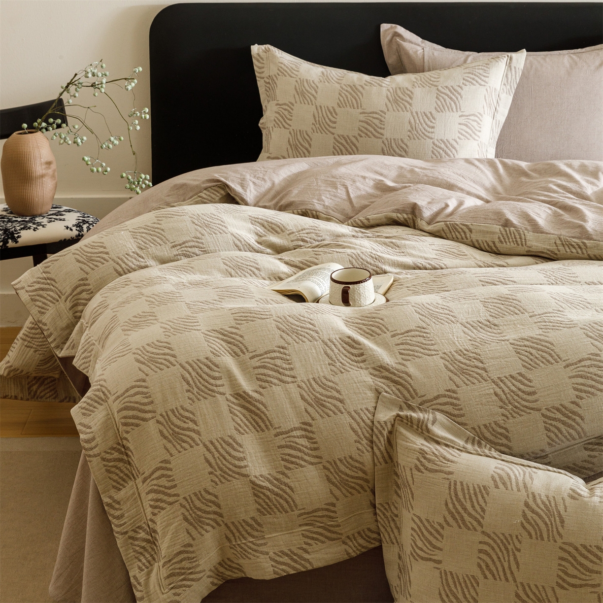 91家纺网 家纺一手货源 找家纺 瑞米家居 2026新款埋绳款棉麻四件套-简物纯质 简物纯质-红咖