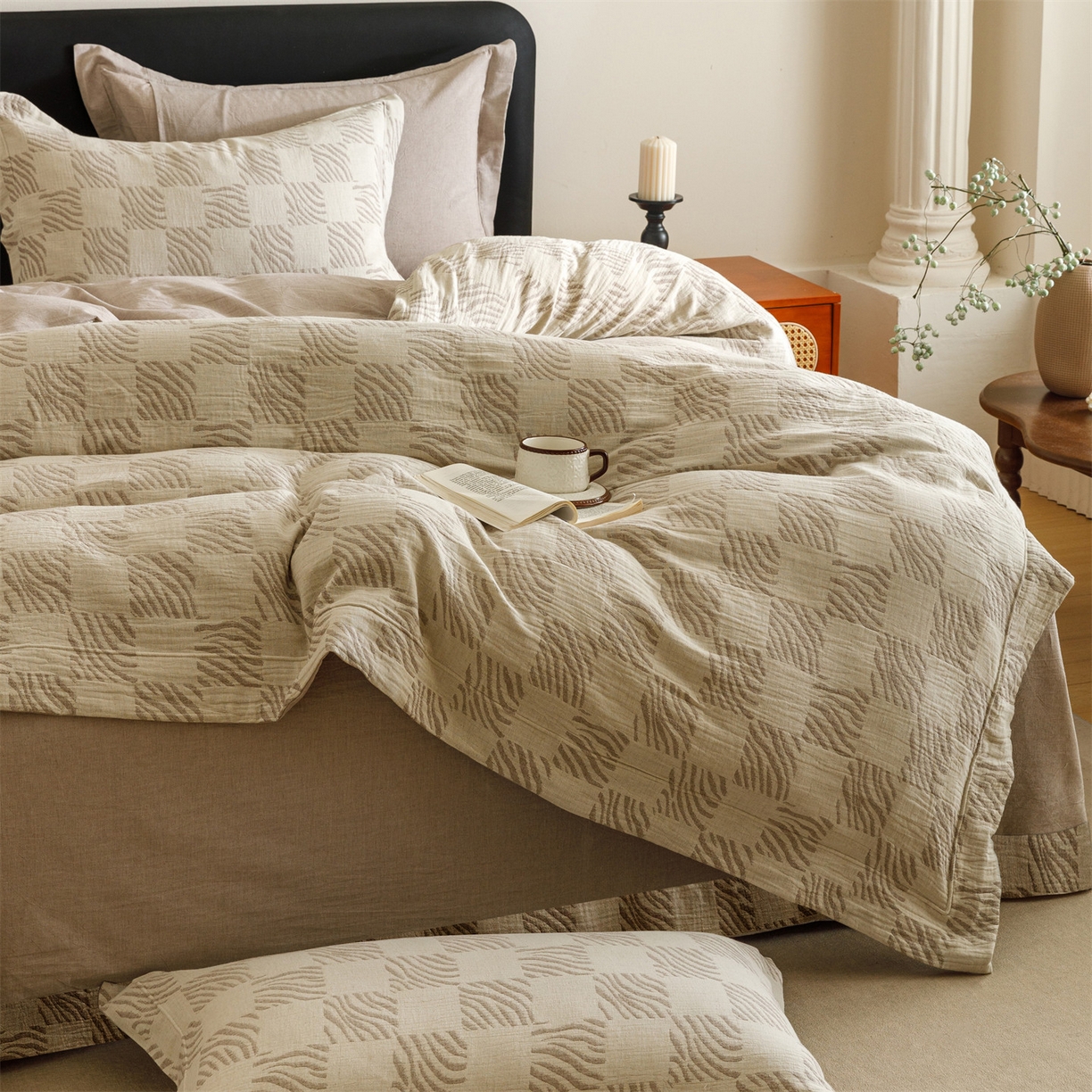 91家纺网 家纺一手货源 找家纺 瑞米家居 2026新款埋绳款棉麻四件套-简物纯质 简物纯质-红咖