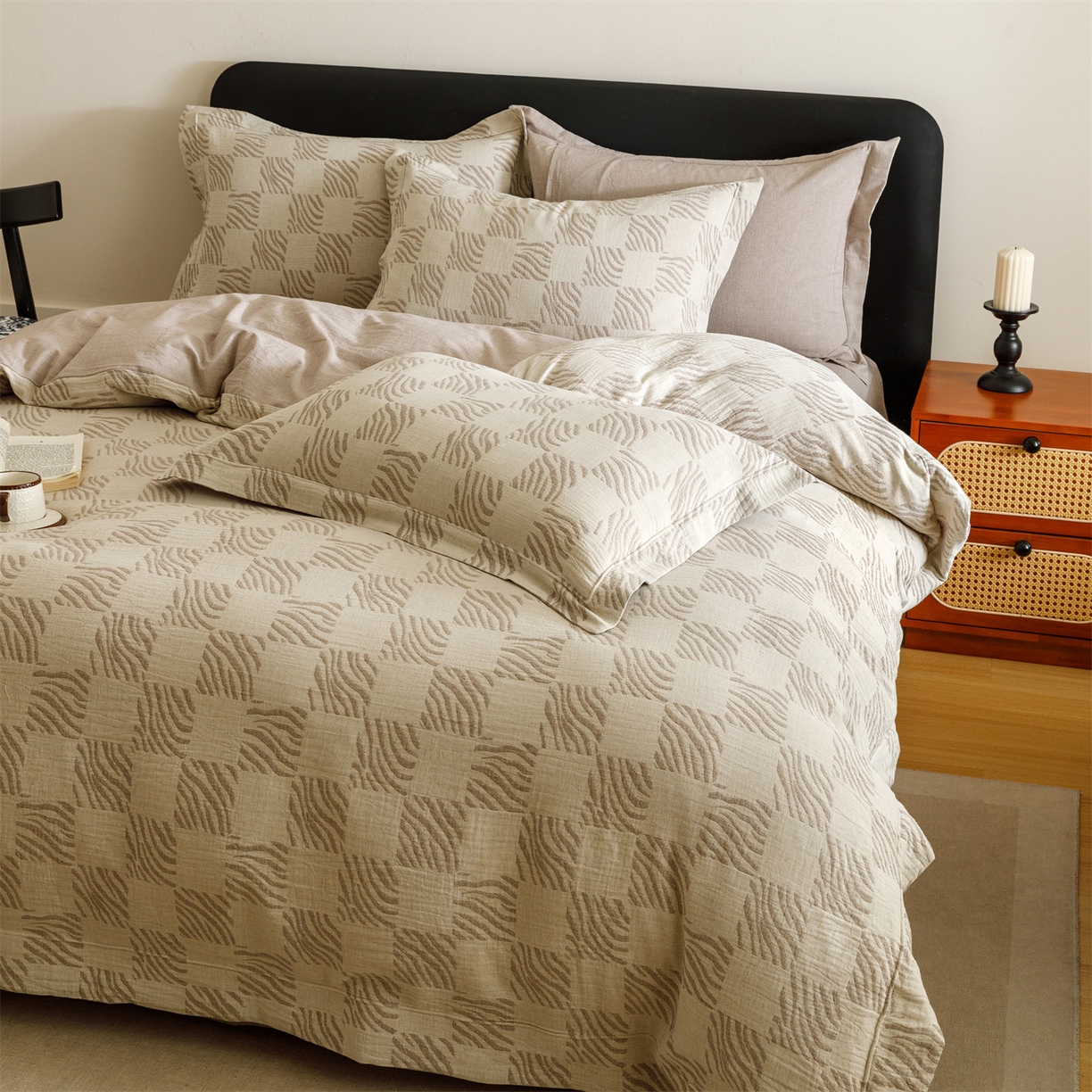 91家纺网 家纺一手货源 找家纺 瑞米家居 2026新款埋绳款棉麻四件套-简物纯质 简物纯质-红咖