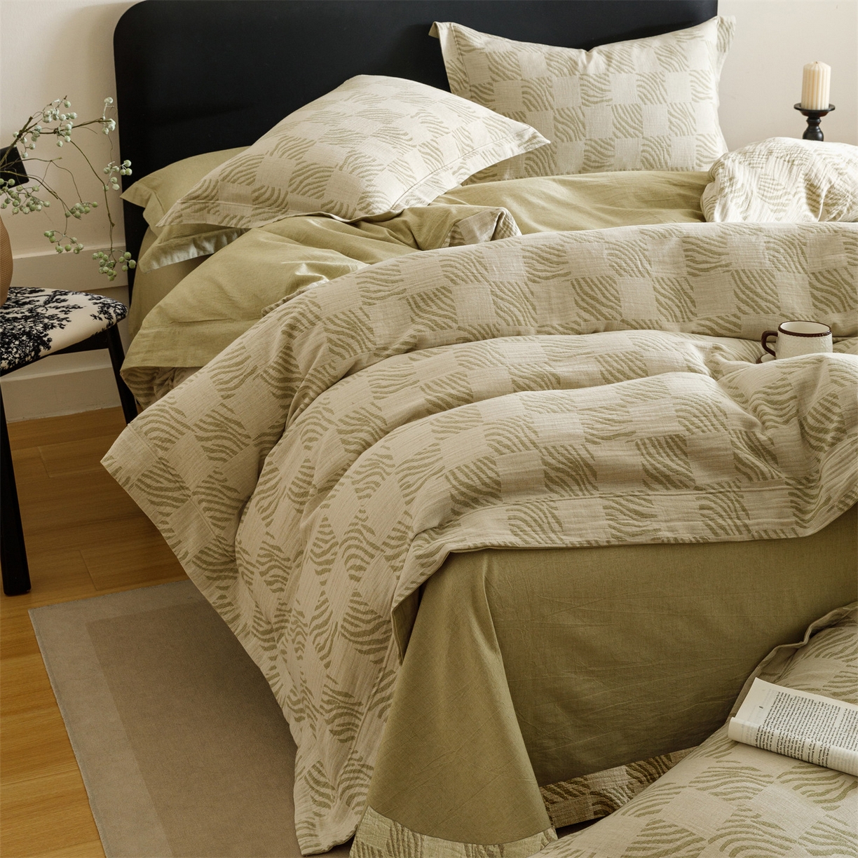 91家纺网 家纺一手货源 找家纺 瑞米家居 2026新款埋绳款棉麻四件套-简物纯质 简物纯质-芥末绿