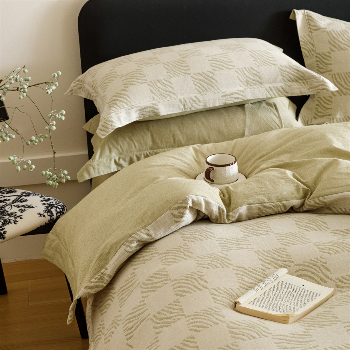 91家纺网 家纺一手货源 找家纺 瑞米家居 2026新款埋绳款棉麻四件套-简物纯质 简物纯质-芥末绿