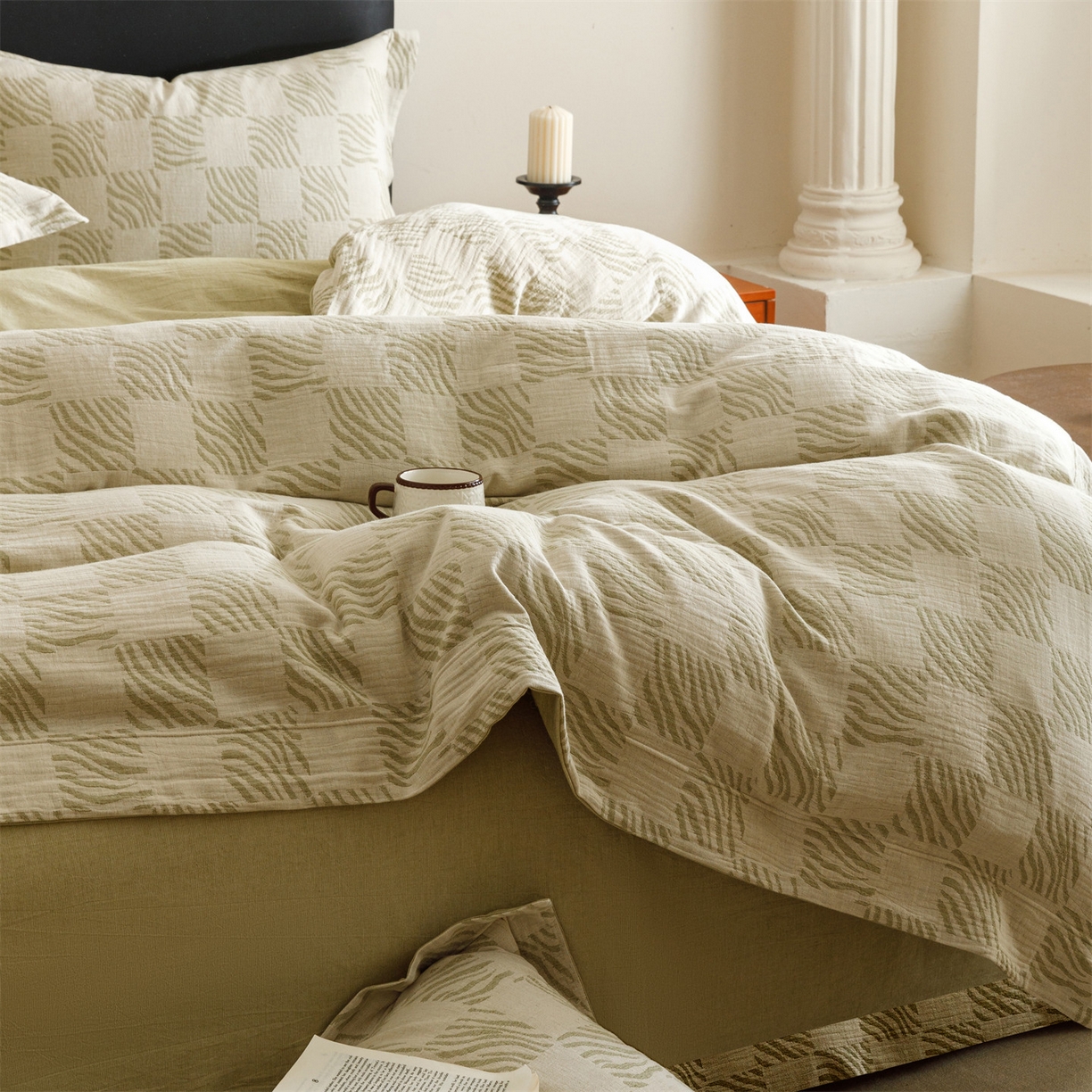 91家纺网 家纺一手货源 找家纺 瑞米家居 2026新款埋绳款棉麻四件套-简物纯质 简物纯质-芥末绿