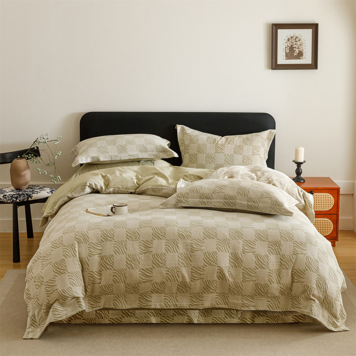 91家纺网 家纺一手货源 找家纺 瑞米家居 2026新款埋绳款棉麻四件套-简物纯质 简物纯质-芥末绿