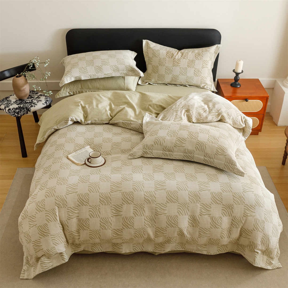 91家纺网 家纺一手货源 找家纺 瑞米家居 2026新款埋绳款棉麻四件套-简物纯质 简物纯质-芥末绿