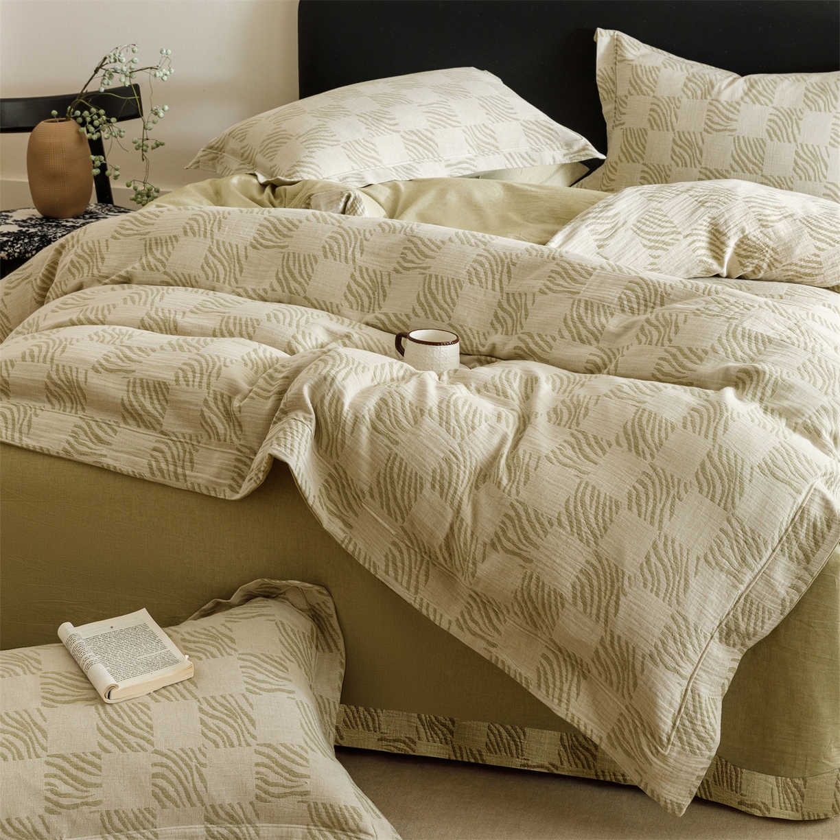 91家纺网 家纺一手货源 找家纺 瑞米家居 2026新款埋绳款棉麻四件套-简物纯质 简物纯质-芥末绿