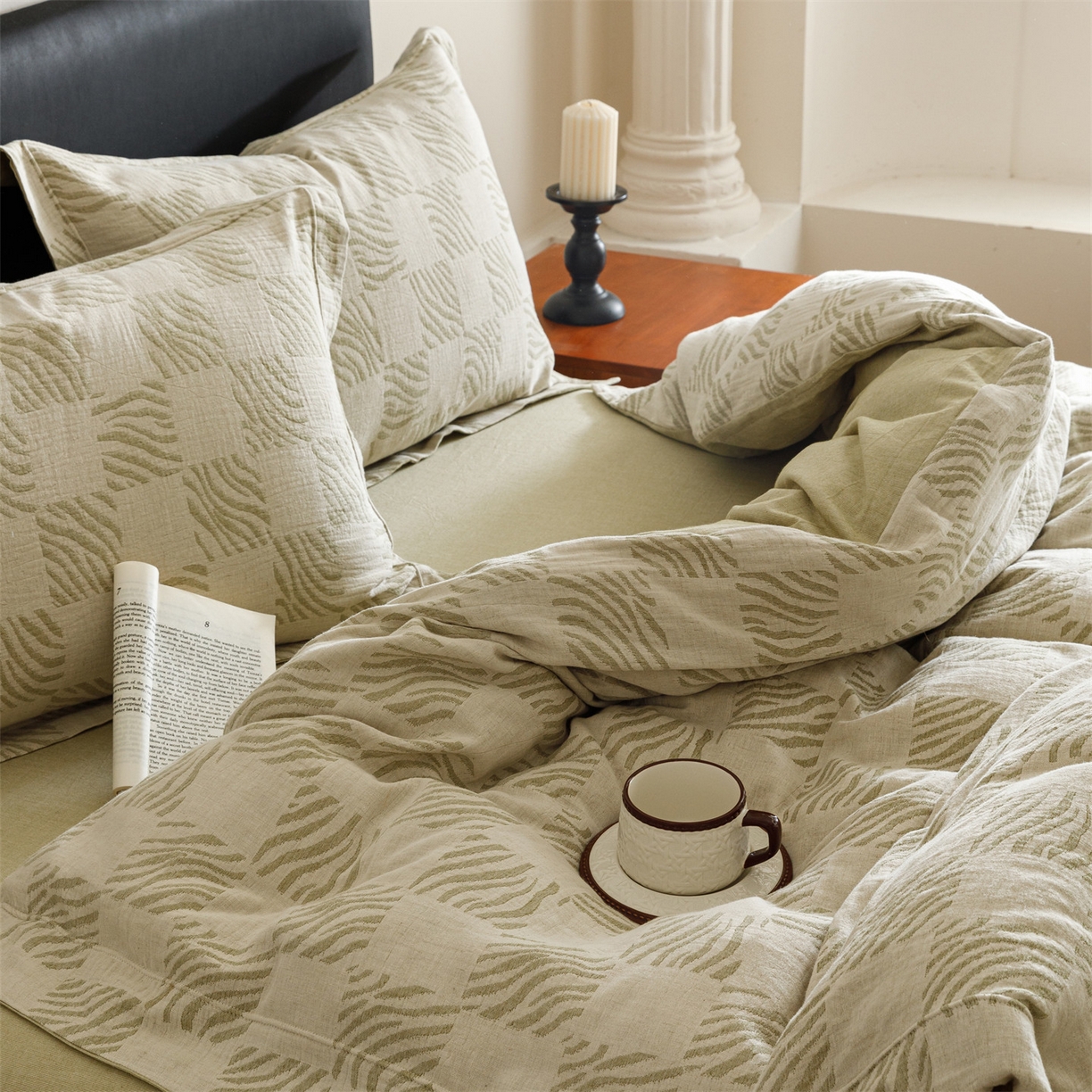 91家纺网 家纺一手货源 找家纺 瑞米家居 2026新款埋绳款棉麻四件套-简物纯质 简物纯质-芥末绿