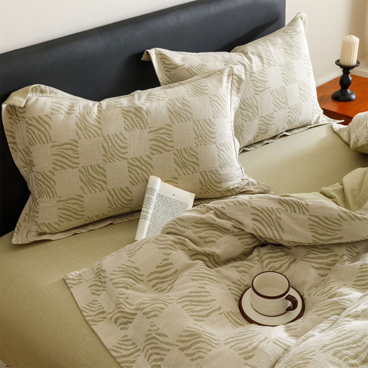 91家纺网 家纺一手货源 找家纺 瑞米家居 2026新款埋绳款棉麻四件套-简物纯质 简物纯质-芥末绿