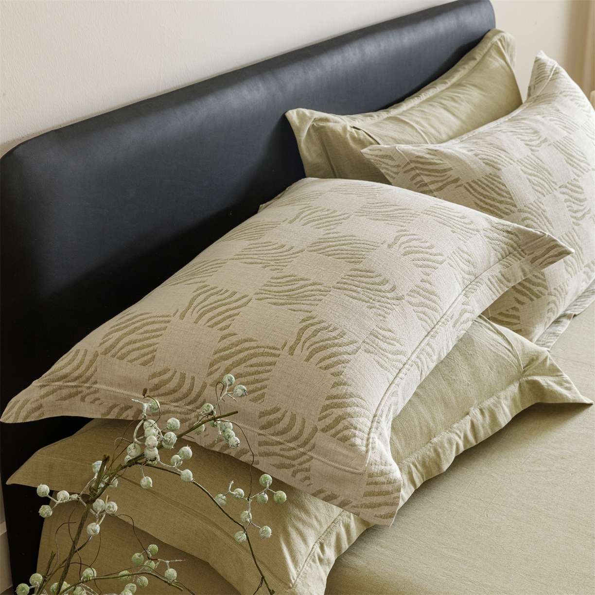 91家纺网 家纺一手货源 找家纺 瑞米家居 2026新款埋绳款棉麻四件套-简物纯质 简物纯质-芥末绿