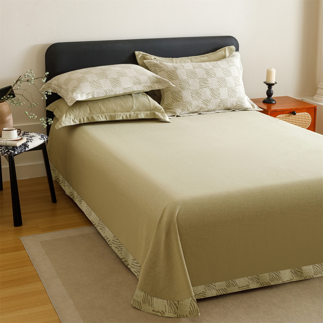 91家纺网 家纺一手货源 找家纺 瑞米家居 2026新款埋绳款棉麻四件套-简物纯质 简物纯质-芥末绿