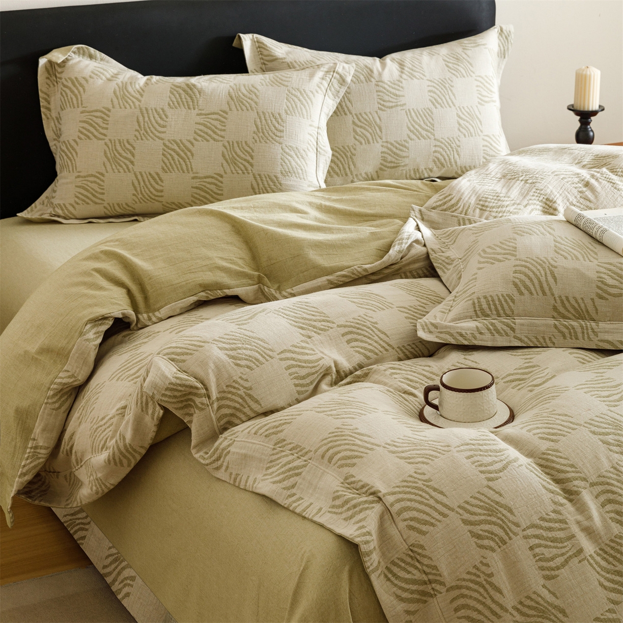 91家纺网 家纺一手货源 找家纺 瑞米家居 2026新款埋绳款棉麻四件套-简物纯质 简物纯质-芥末绿