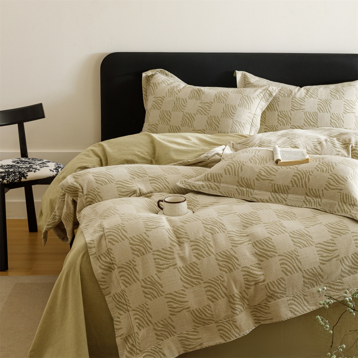 91家纺网 家纺一手货源 找家纺 瑞米家居 2026新款埋绳款棉麻四件套-简物纯质 简物纯质-芥末绿