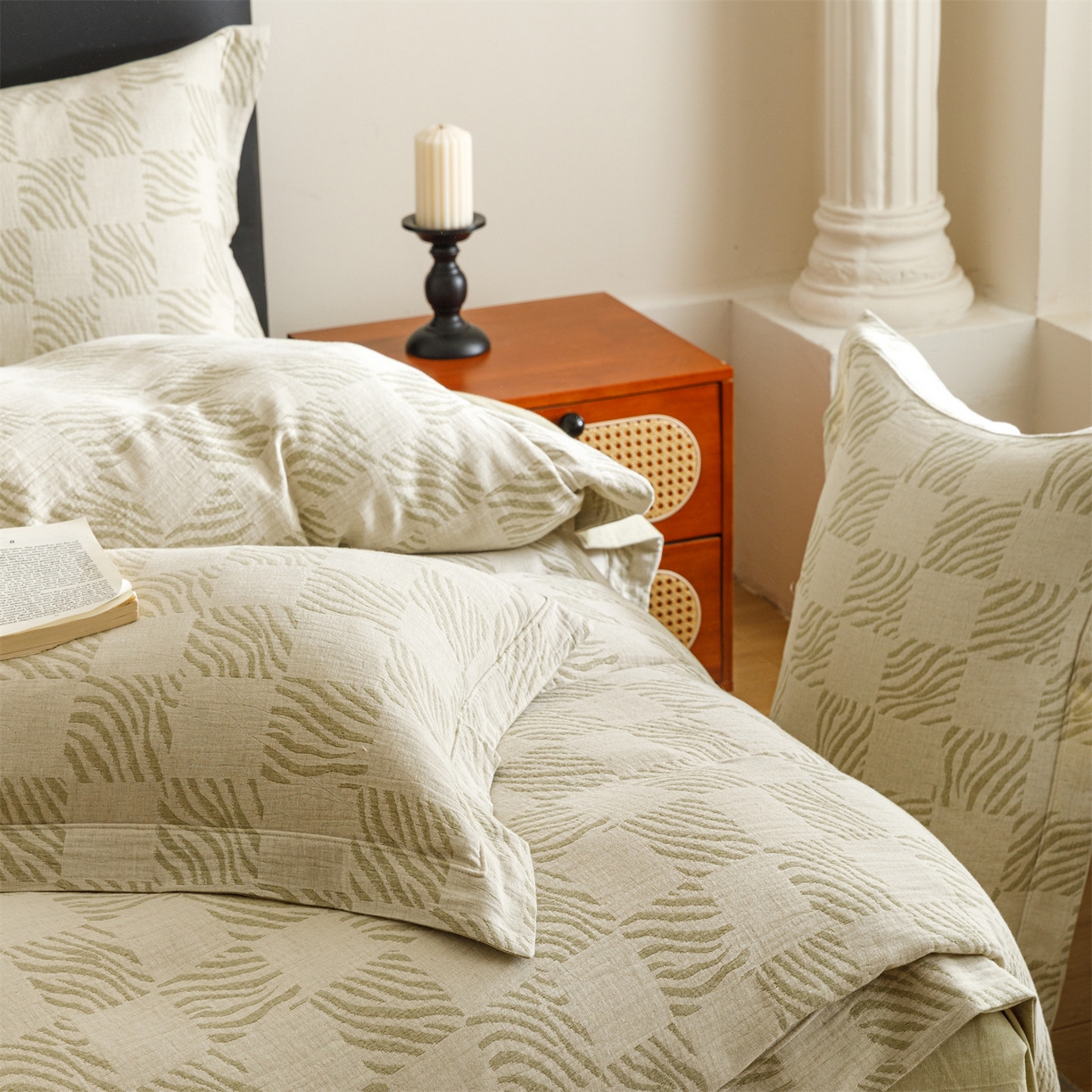 91家纺网 家纺一手货源 找家纺 瑞米家居 2026新款埋绳款棉麻四件套-简物纯质 简物纯质-芥末绿