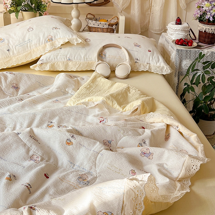 91家纺网 家纺一手货源 找家纺 （总）仟网汇 2026新款彩色花边木棉皱皱纱夏被夏凉被空调被四件套