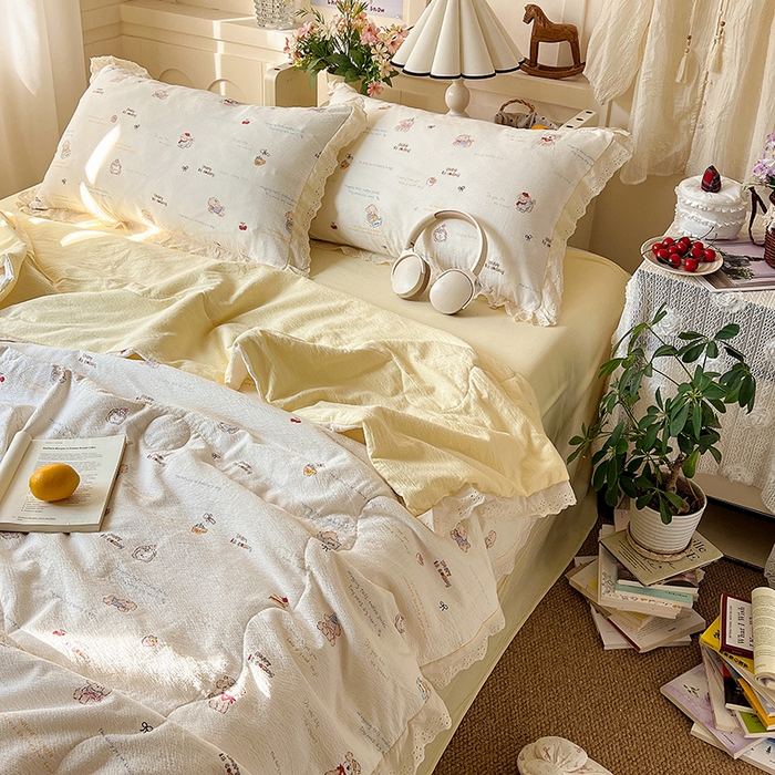 91家纺网 家纺一手货源 找家纺 （总）仟网汇 2026新款彩色花边木棉皱皱纱夏被夏凉被空调被四件套