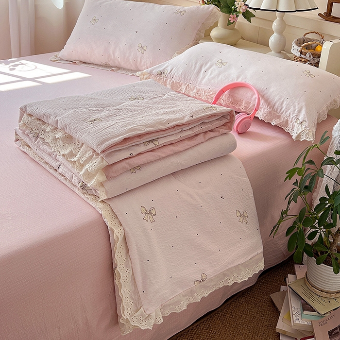 91家纺网 家纺一手货源 找家纺 （总）仟网汇 2026新款彩色花边木棉皱皱纱夏被夏凉被空调被四件套