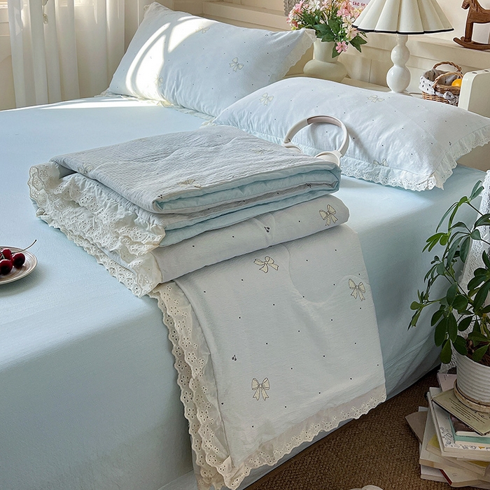 91家纺网 家纺一手货源 找家纺 （总）仟网汇 2026新款彩色花边木棉皱皱纱夏被夏凉被空调被四件套