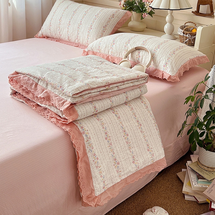 91家纺网 家纺一手货源 找家纺 （总）仟网汇 2026新款彩色花边木棉皱皱纱夏被夏凉被空调被四件套