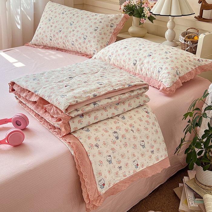 91家纺网 家纺一手货源 找家纺 （总）仟网汇 2026新款彩色花边木棉皱皱纱夏被夏凉被空调被四件套