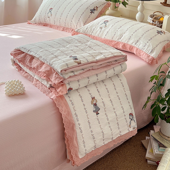 91家纺网 家纺一手货源 找家纺 （总）仟网汇 2026新款彩色花边木棉皱皱纱夏被夏凉被空调被四件套