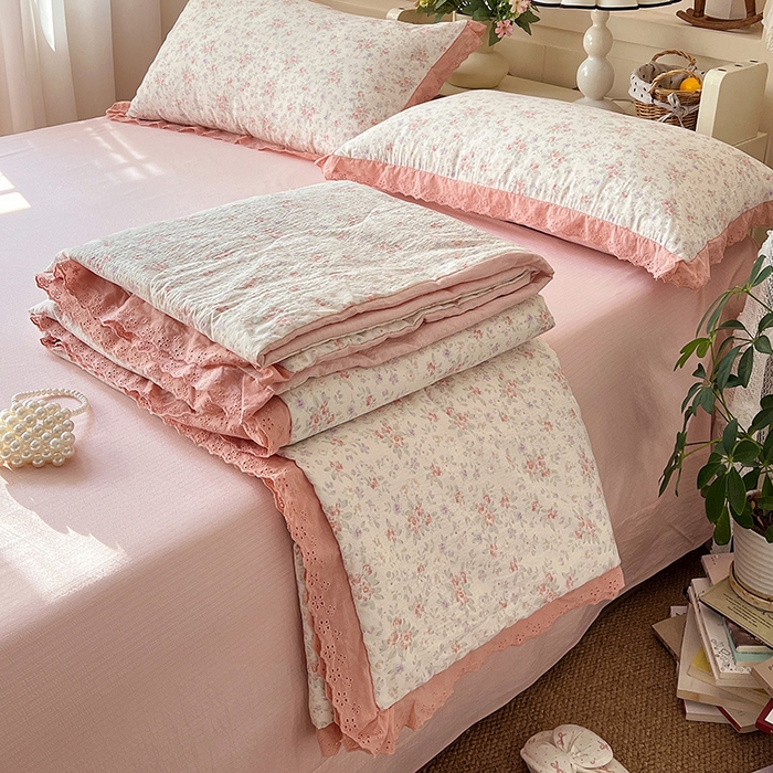 91家纺网 家纺一手货源 找家纺 （总）仟网汇 2026新款彩色花边木棉皱皱纱夏被夏凉被空调被四件套