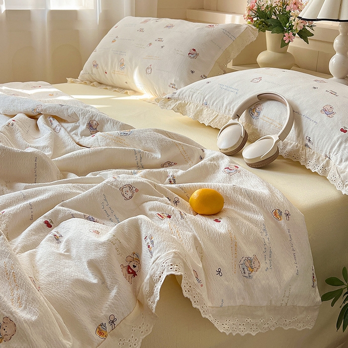 91家纺网 家纺一手货源 找家纺 仟网汇 2026新款彩色花边木棉皱皱纱夏被夏凉被空调被四件套 阿吉豆