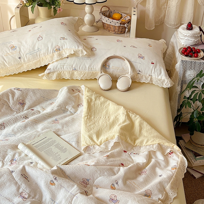 91家纺网 家纺一手货源 找家纺 仟网汇 2026新款彩色花边木棉皱皱纱夏被夏凉被空调被四件套 阿吉豆