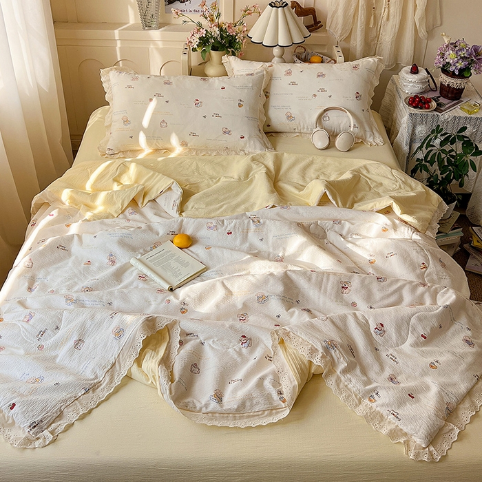 91家纺网 家纺一手货源 找家纺 仟网汇 2026新款彩色花边木棉皱皱纱夏被夏凉被空调被四件套 阿吉豆