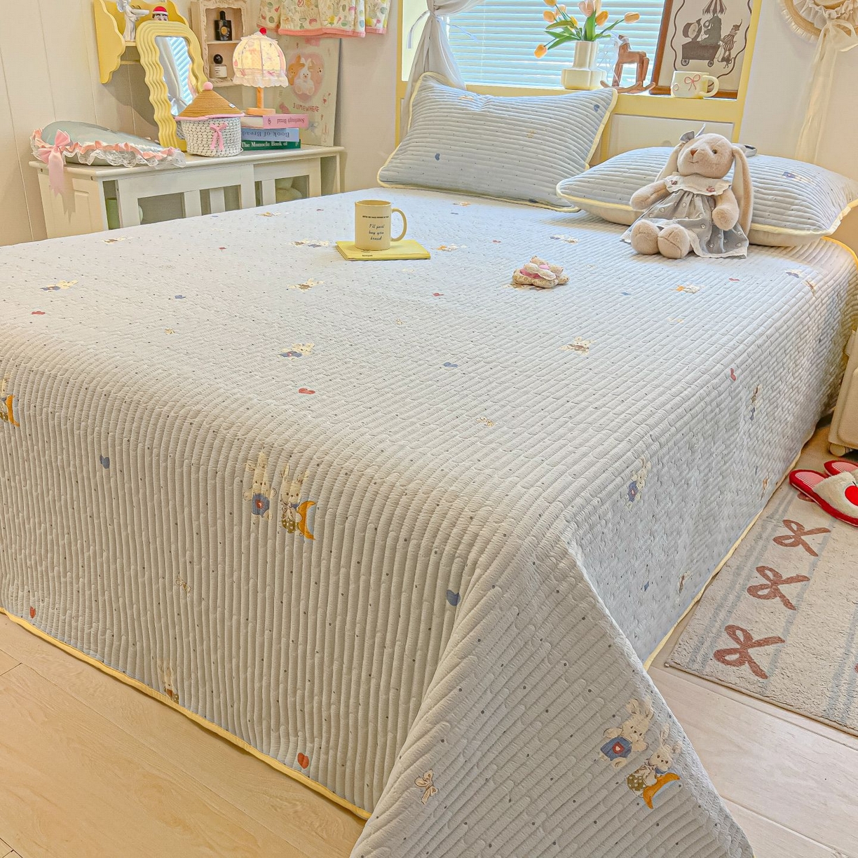 91家纺网 家纺一手货源 找家纺 欧妮家纺 2026新款A类云感双层纱夏被单床盖 兔眠