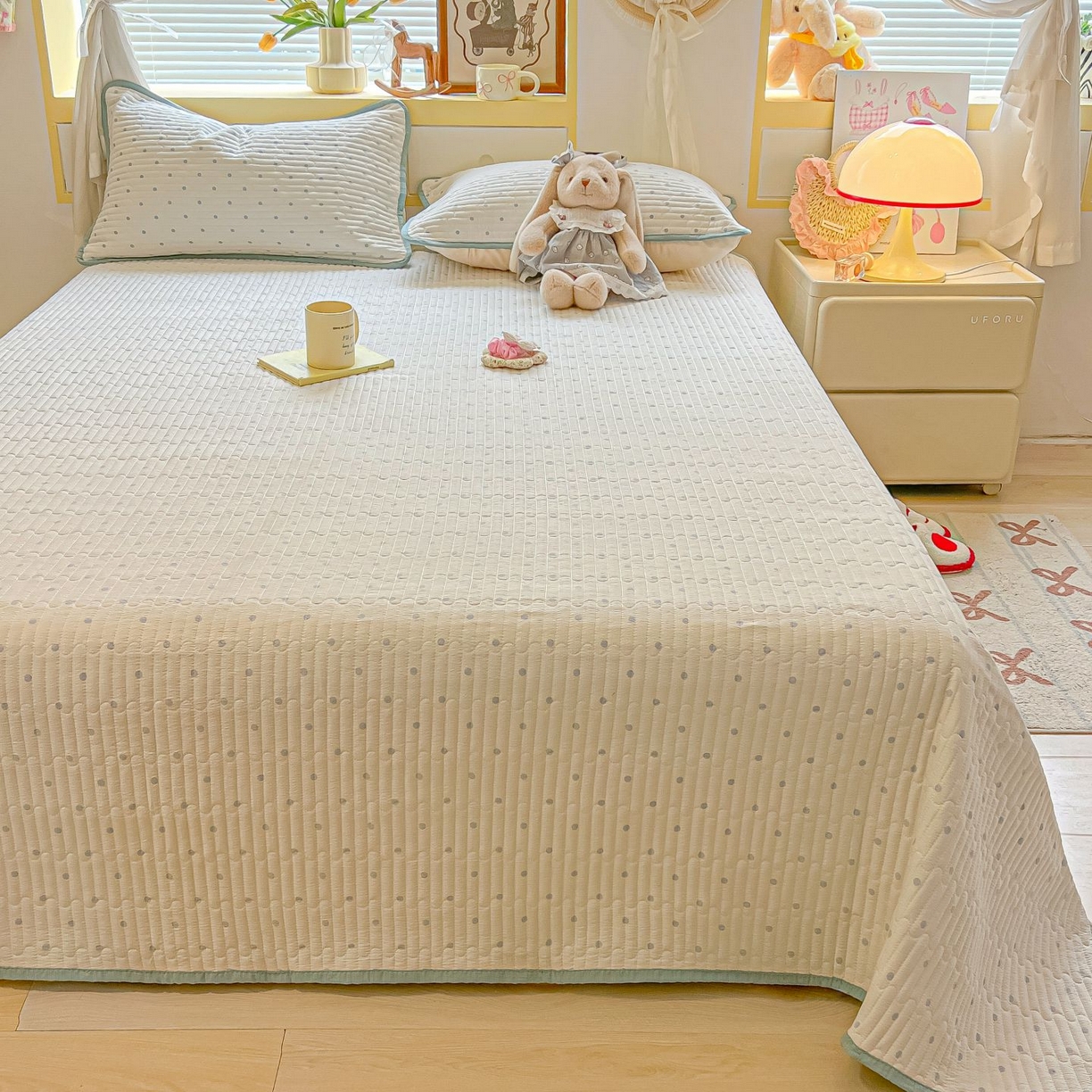 91家纺网 家纺一手货源 找家纺 欧妮家纺 2026新款A类云感双层纱夏被单床盖 波点-蓝