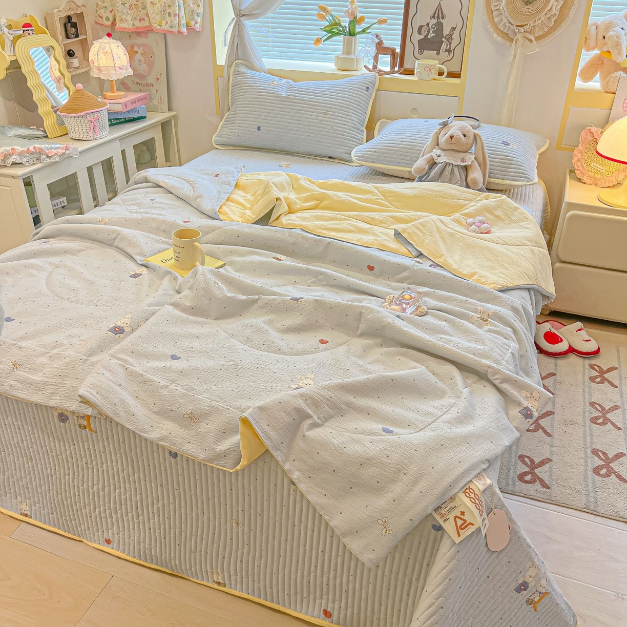 91家纺网 家纺一手货源 找家纺 欧妮家纺 2026新款A类云感双层纱夏被单床盖 兔眠