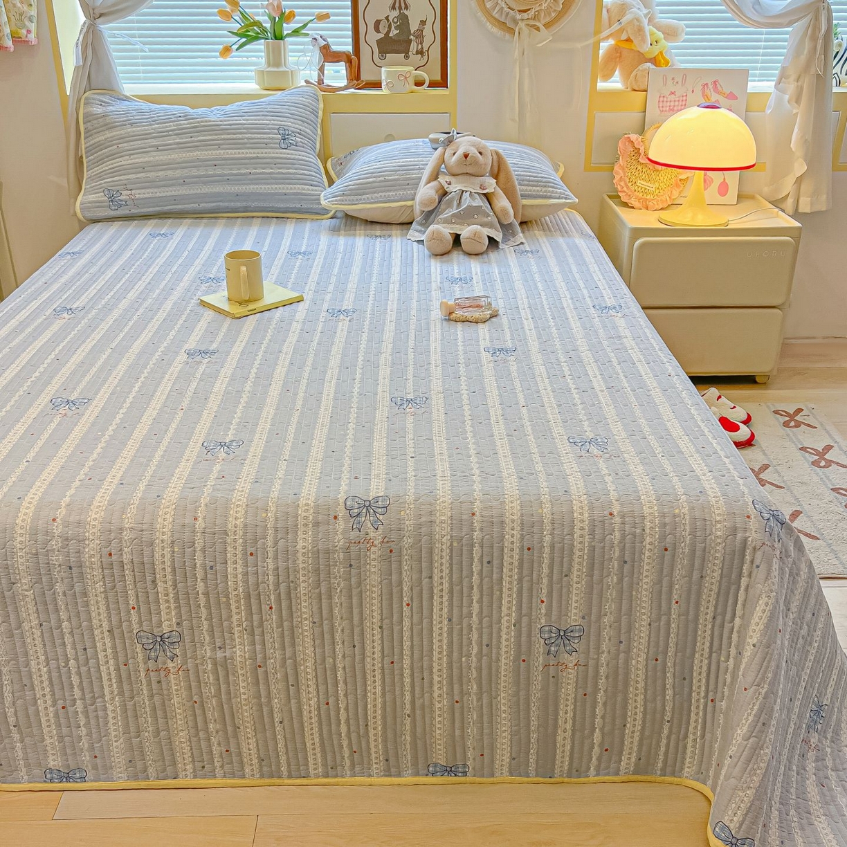 91家纺网 家纺一手货源 找家纺 欧妮家纺 2026新款A类云感双层纱夏被单床盖 夏日条纹