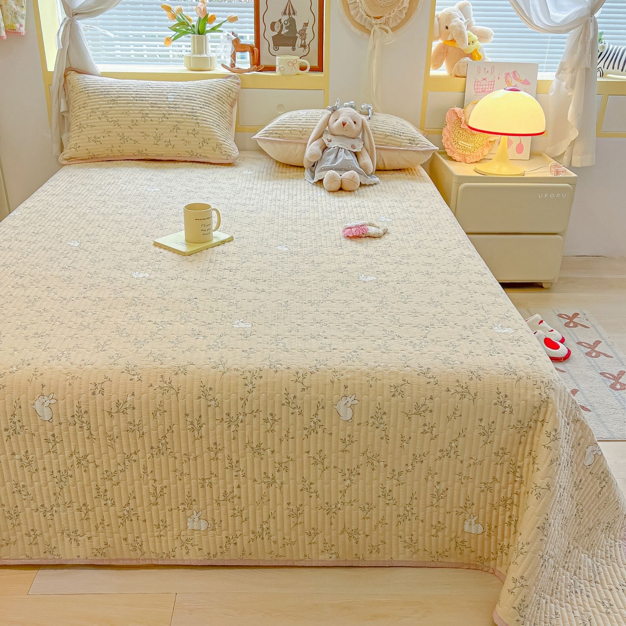 91家纺网 家纺一手货源 找家纺 欧妮家纺 2026新款A类云感双层纱夏被单床盖 小兔密语