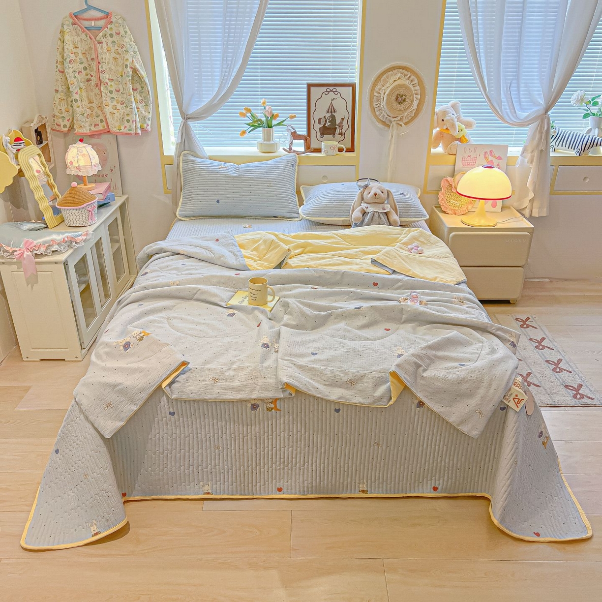 91家纺网 家纺一手货源 找家纺 欧妮家纺 2026新款A类云感双层纱夏被单床盖 兔眠